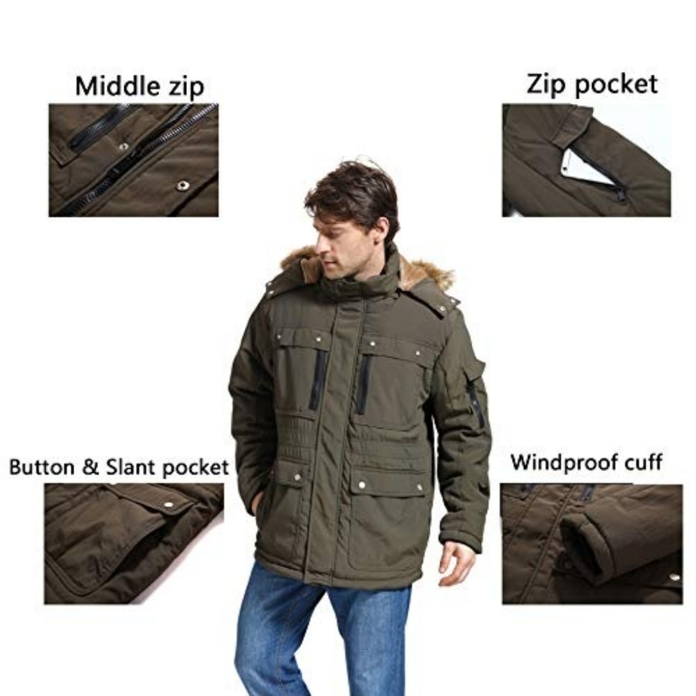 NWT Yozai Mens Winter Parka Insulated Warm Jacket Military Coat Faux Fur Hood - Picture 4 of 10